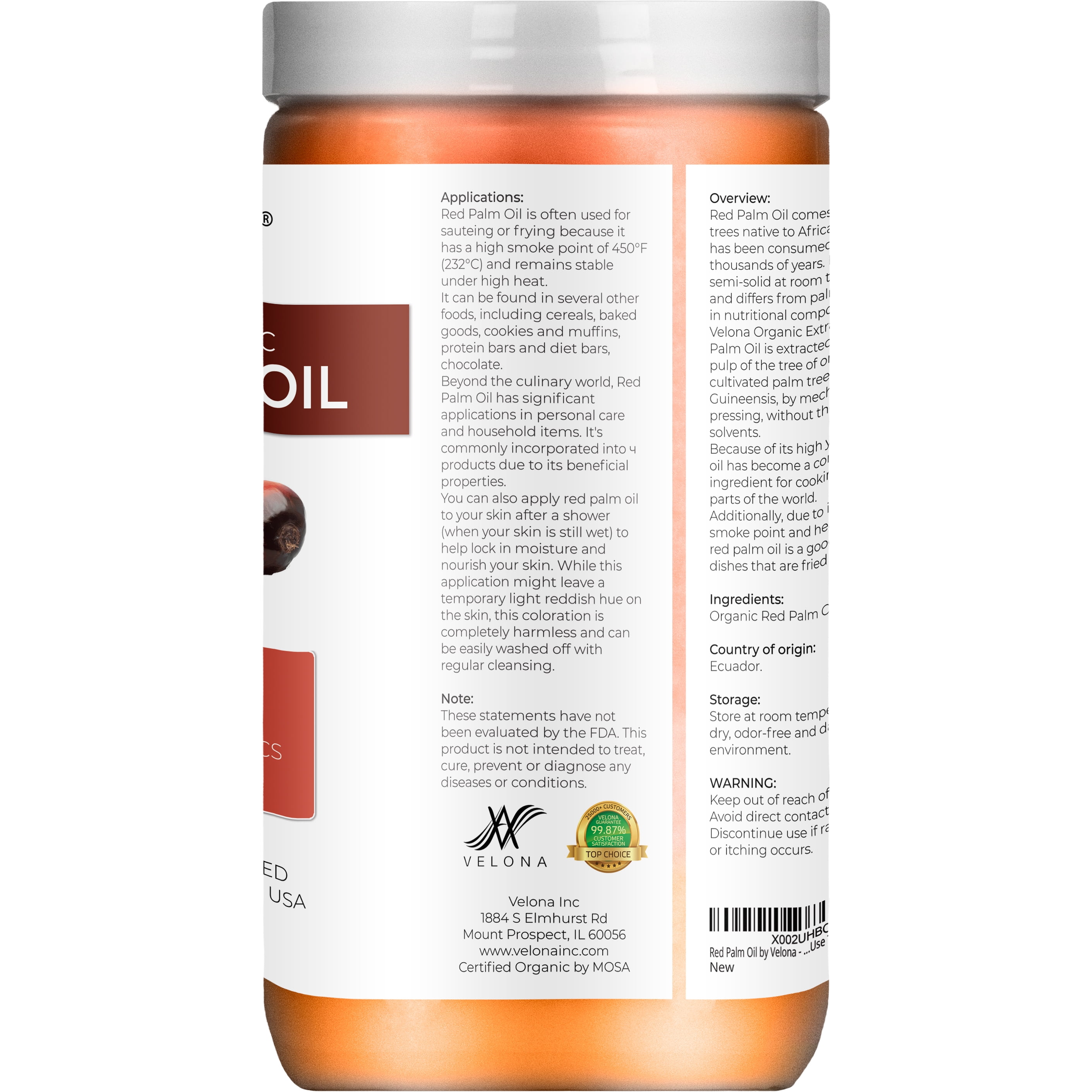 Velona USDA Certified Organic Red Palm Oil 64 Fl Oz | Food and Cosmetic Grade | in jar | Extra Virgin, Cold Pressed | Skin, Face, Body, Hair Care | Use Today - Enjoy Results