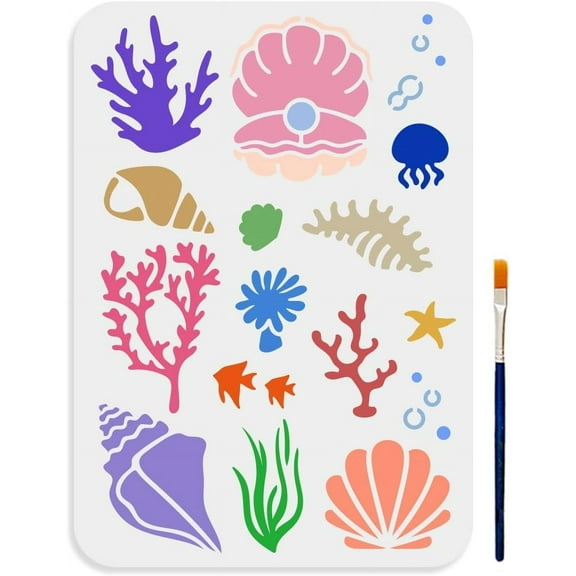 Sea Shell Coral Stencil 11.7×8.3inch Summer Sea Ocean Creatures Stencils with Paint Brush Reusable Sea Shell Conch Fish Starfish Seaweed Template for Wood Canvas Paper Fabric Wall Glass