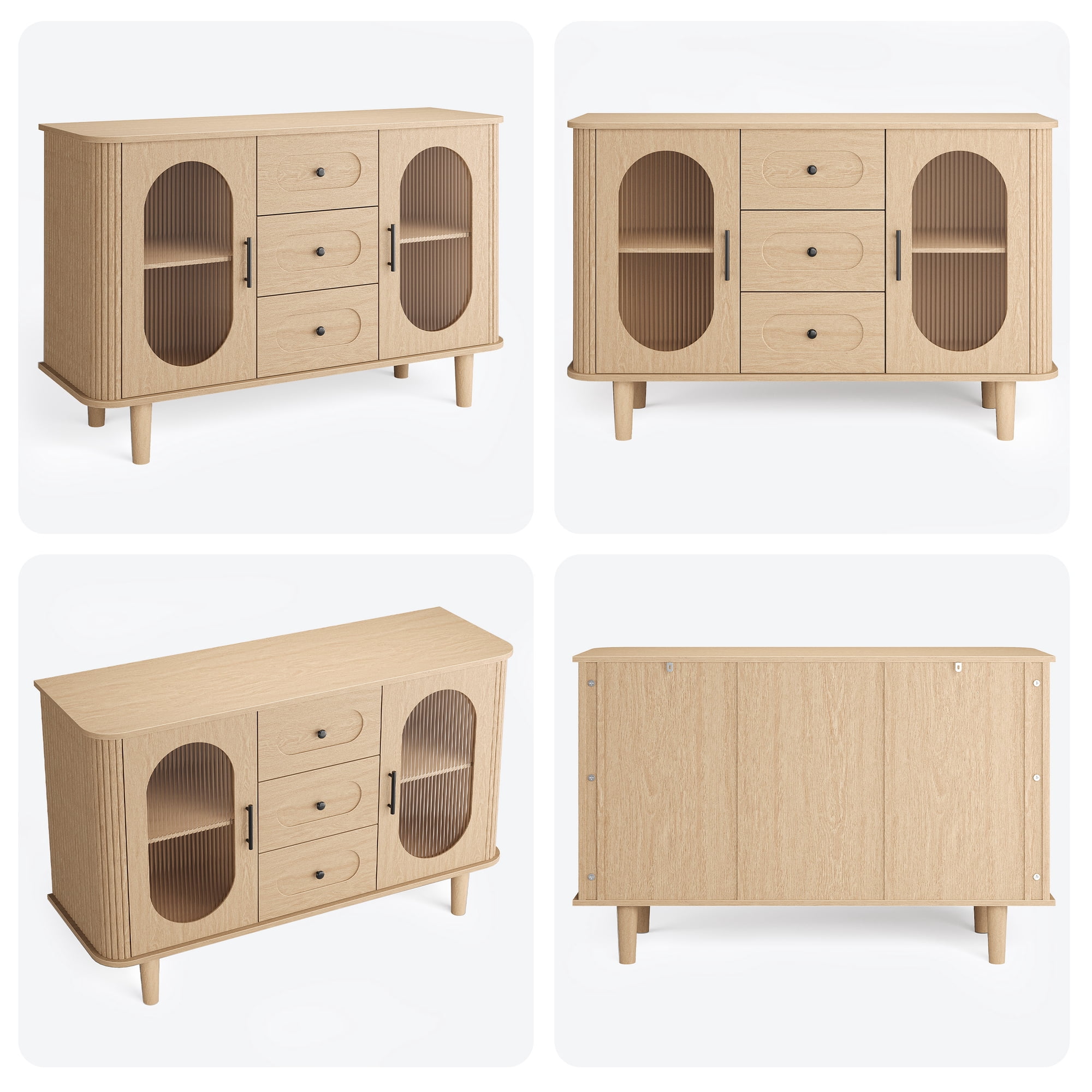Farmhouse Storage Credenza with Ribbed Glass Display Doors & Triple Drawers Adjustable Interior Shelving Multi-Use Coffee Bar Sideboard Cabinet for Kitchen Dining or Living Room Natural Finish
