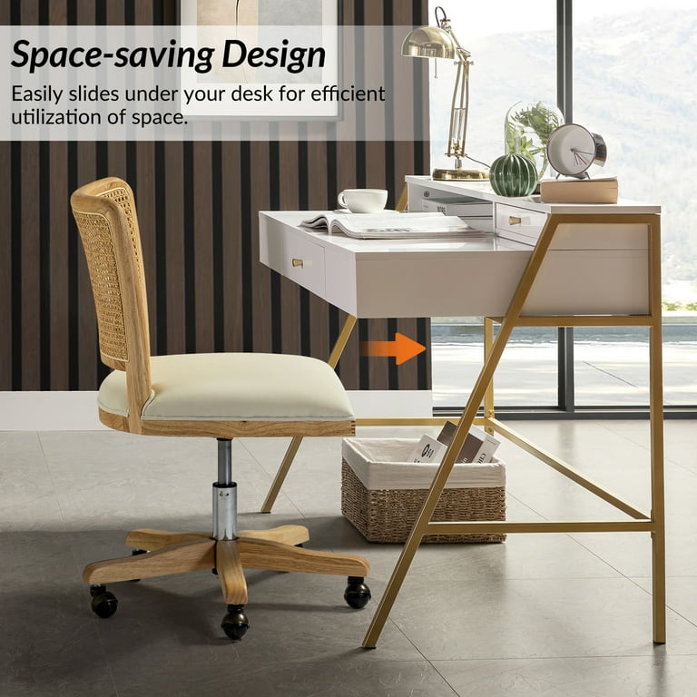 Stylish Swivel Office Chair with Rattan Back & Cute Desk Accent