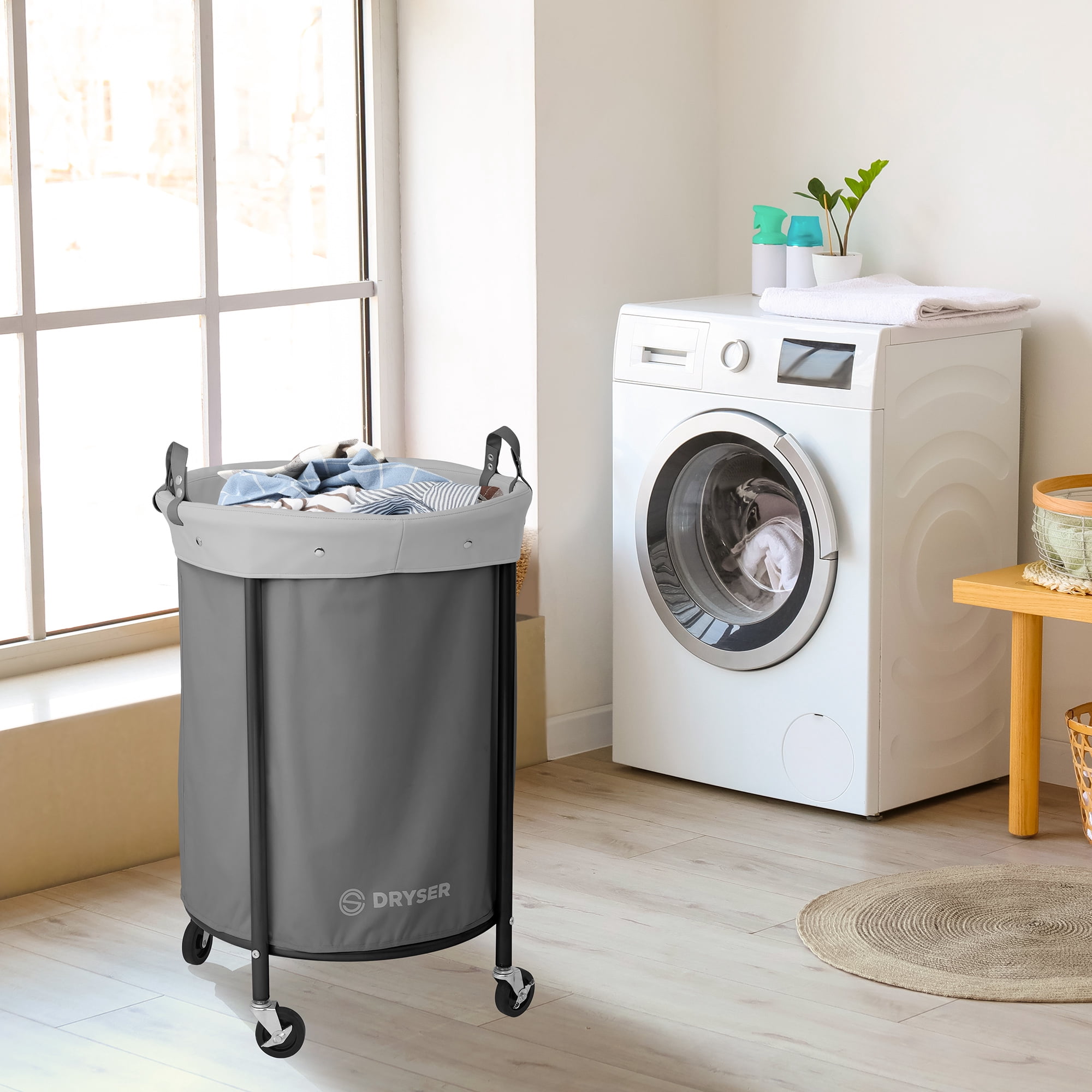 Round Commercial Heavy-Duty Rolling Laundry Hamper on Wheels with Removable Canvas Bin, Gray