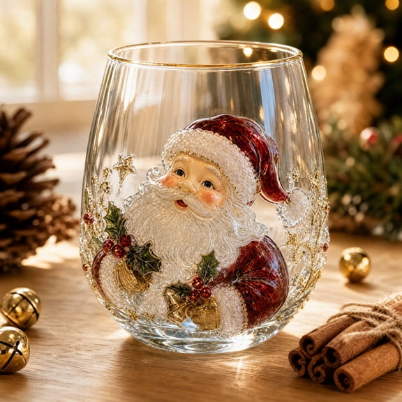 Cmafuca Christmas Glass Art Cup Santa Decor Drinking Glass Cup Snowman Stemless Wine Glasses Holiday Glassware For Coffee Tea Milk Xmas Party Home Festive