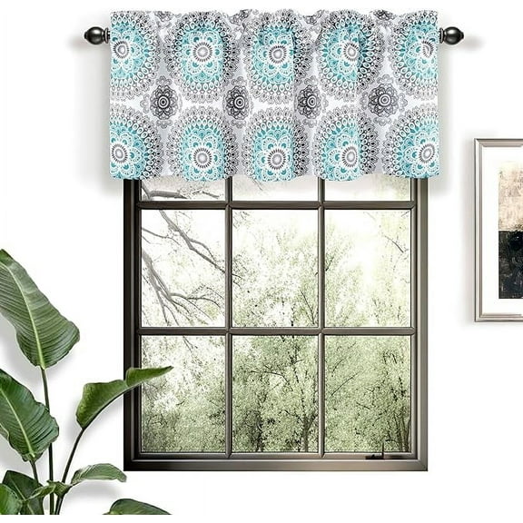 DriftAway Bella Medallion Pattern Room Darkening Rod Pocket Window Curtain Valance 52 Inch by 18 Inch Aqua and Gray