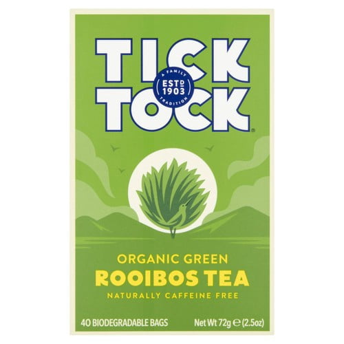 Tick Tock Organic Rooibos Green Tea Bags 40's, British Import (Pack of 2)