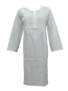 Mogul Bohemian Womens Long Kurtis Cotton White Embroidered Summer Fashion Tunic Dress L
