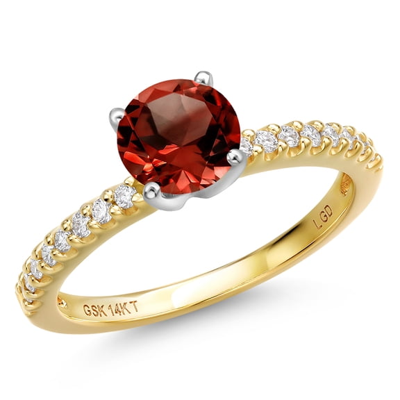 Gem Stone King 14K Two Tone Gold Red Garnet and Lab Grown Diamond Engagement Ring for Women | 1.36 Cttw | Round 6.5MM | Gemstone January Birthstone | Size 6