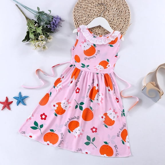 SGFCWSX Girls Sleeveless Dress A-Line with Side Tie Polka Dot Lace Trim Crew Neck Casual Summer Dresses for Kids Pink Size 4-5 Years