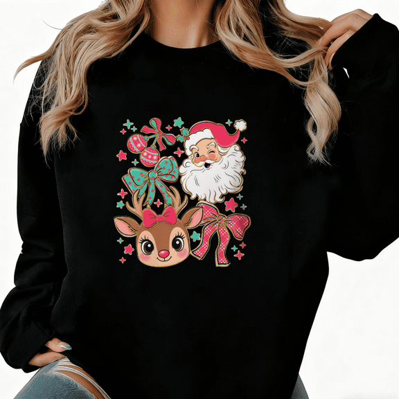 Women's Santa Reindeer Christmas Graphic Breathable Sweatshirt Festive Graphic Top Round-neck long-sleeved Black S-3XL