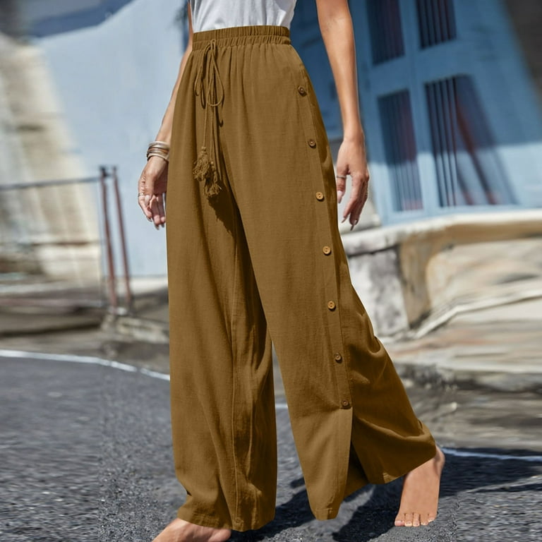 QUYUON Women Capris Pants with Pockets Buttons Elastic Waist Capris for  Casual Summer Clearance Drawstring Cotton Linen Cropped Pants Straight Leg