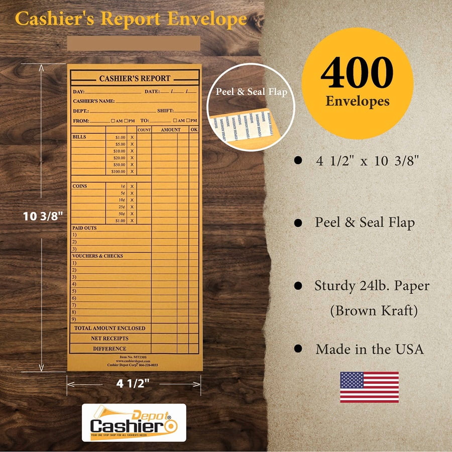 Cashier Depot MT230 Cashier's Report Peel & Seal Envelope, 4 1/2" x 10 3/8", Brown Kraft, 400 Count