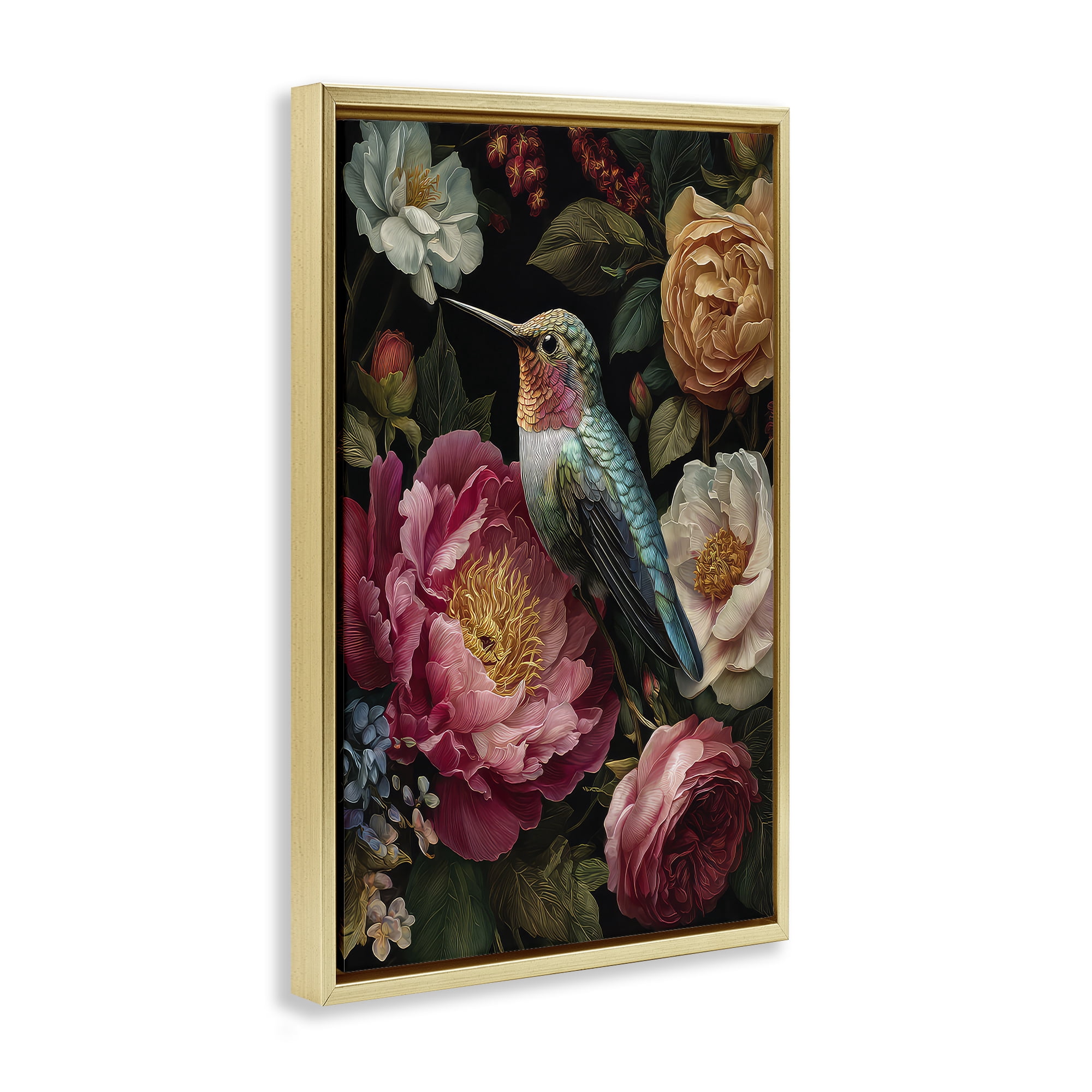 Stupell Industries Hummingbird & Lush Blooms Gold Framed Floater Canvas Wall Art, design by The Wands Want