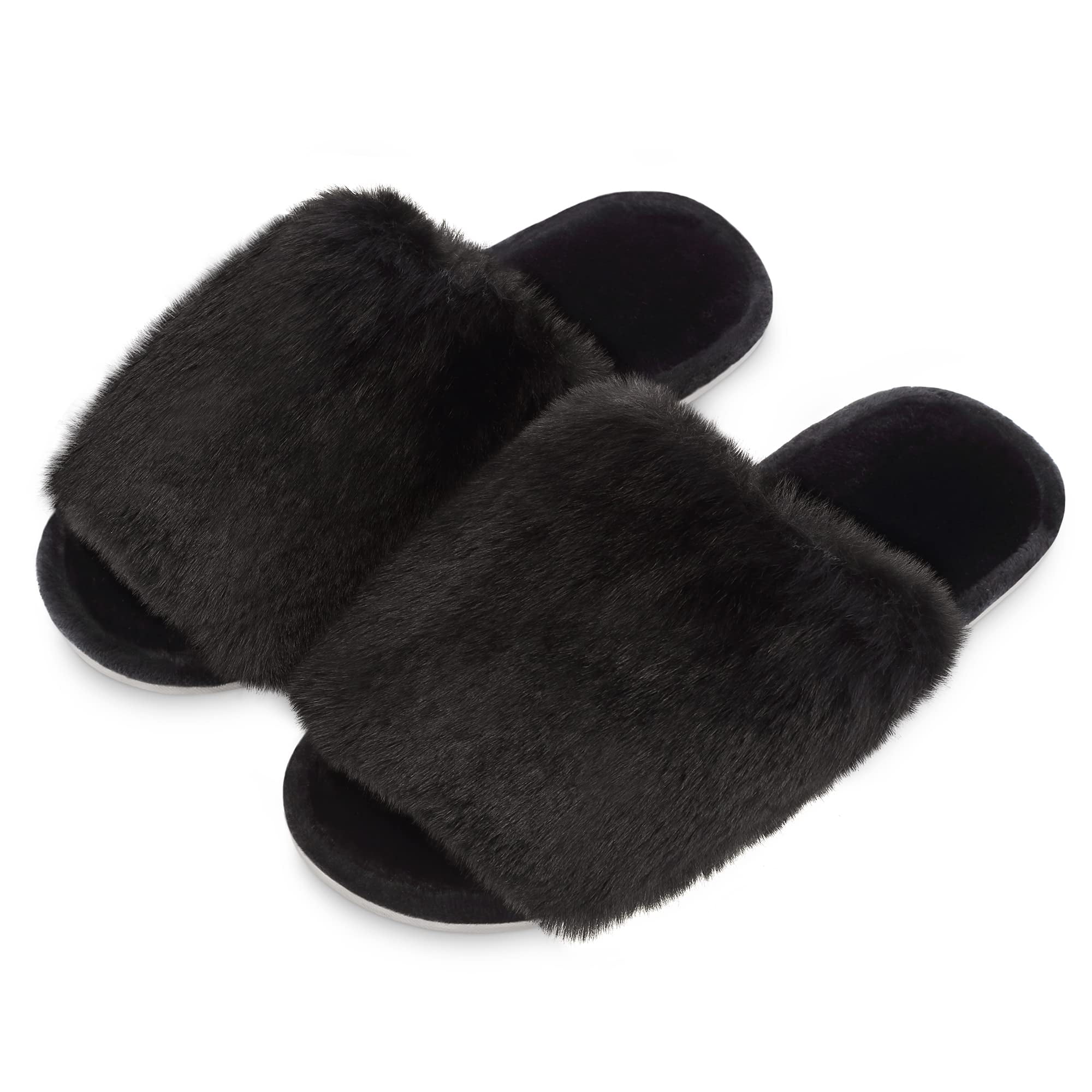 OHS Faux Fur Strap Back Platform Slippers, Black - Large