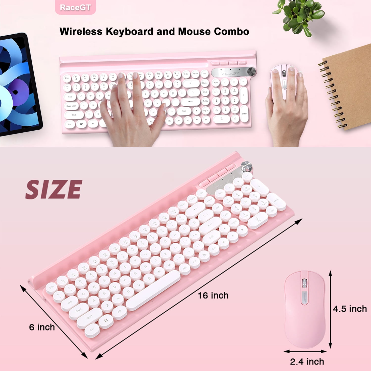 Wireless Keyboard and Mouse Combo, RaceGT Silent Keyboard Mouse Set, Retro Cute Typewriter Keyboard with Phone Tablet Holder, Round Keycaps, 2.4G Mouse Compatible with PC/Laptop/Computer(Pink)