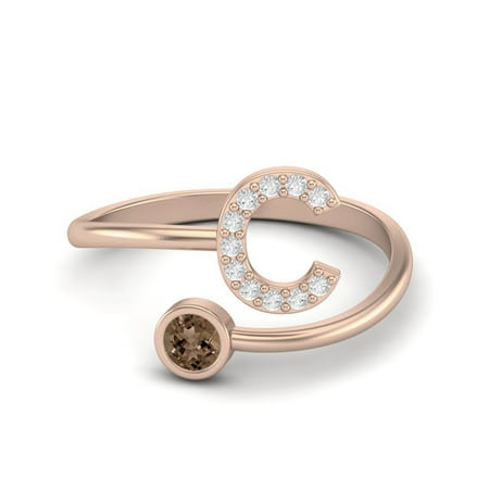 Capital C Initial Letter 3MM Round Smoky Quartz 925 Sterling Silver Rose Vermeil Women Adjustable Valentines Day Gifts Ring