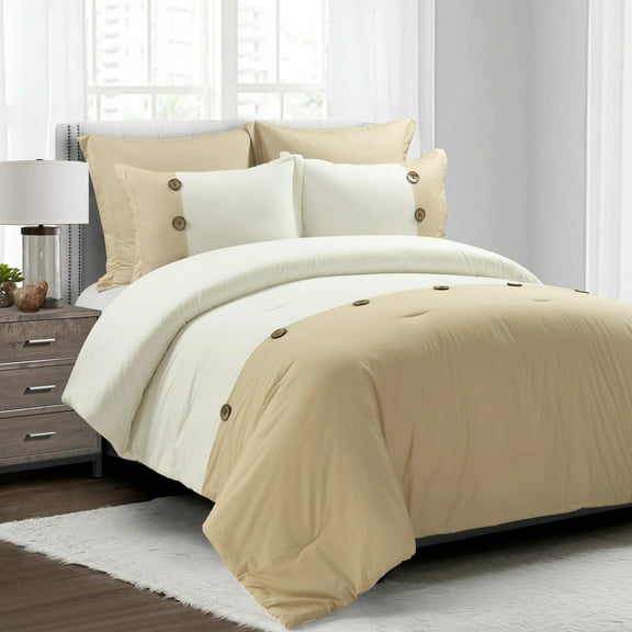 Lush Decor Linen Button Cotton Blend Linen Comforter - 5 Piece Set - Full / Queen