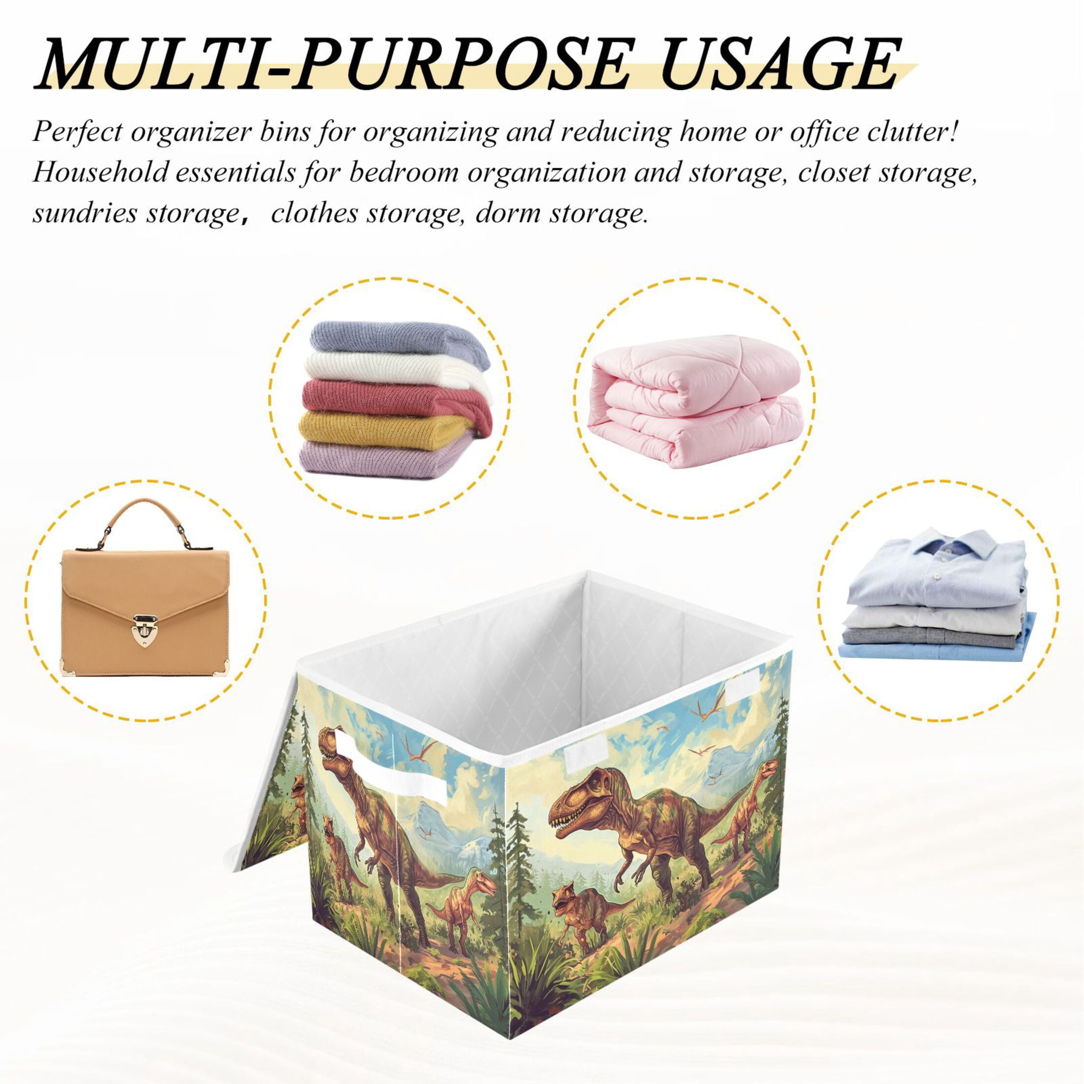 Ryvnso Dinosaur in Forest-a1 Large Lidded Foldable Storage Baskets Cubes Boxes Lids Bin for Home
