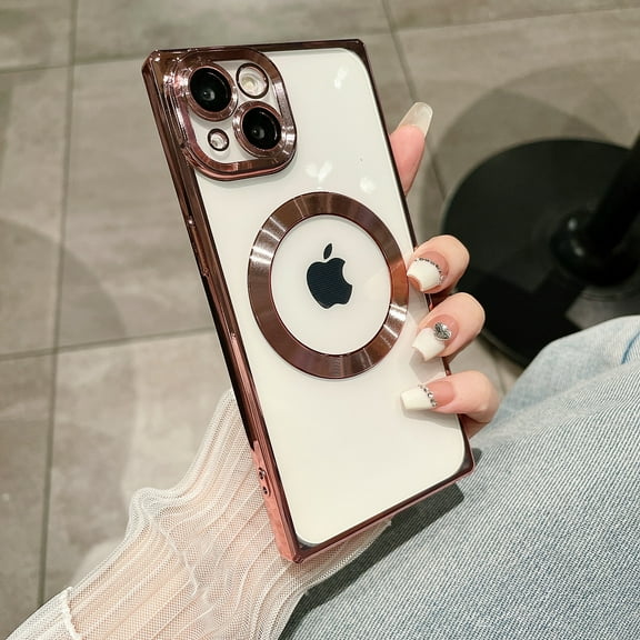 Compatible with iPhone 15 Plus Magnetic Clear Case, Luxury Plating Bling Transplant Shockproof MagSafe Case with Full Camera Lens Protector for iPhone 15 Plus Women Girl Men Elegant - Rosegold