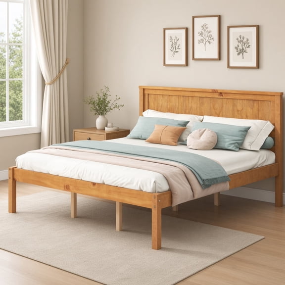 Queen Size Platform Bed Frame with Headboard, Wood Slat Support, Sturdy Pine Construction for Bedroom Guest Room, No Box Spring Needed, Oak