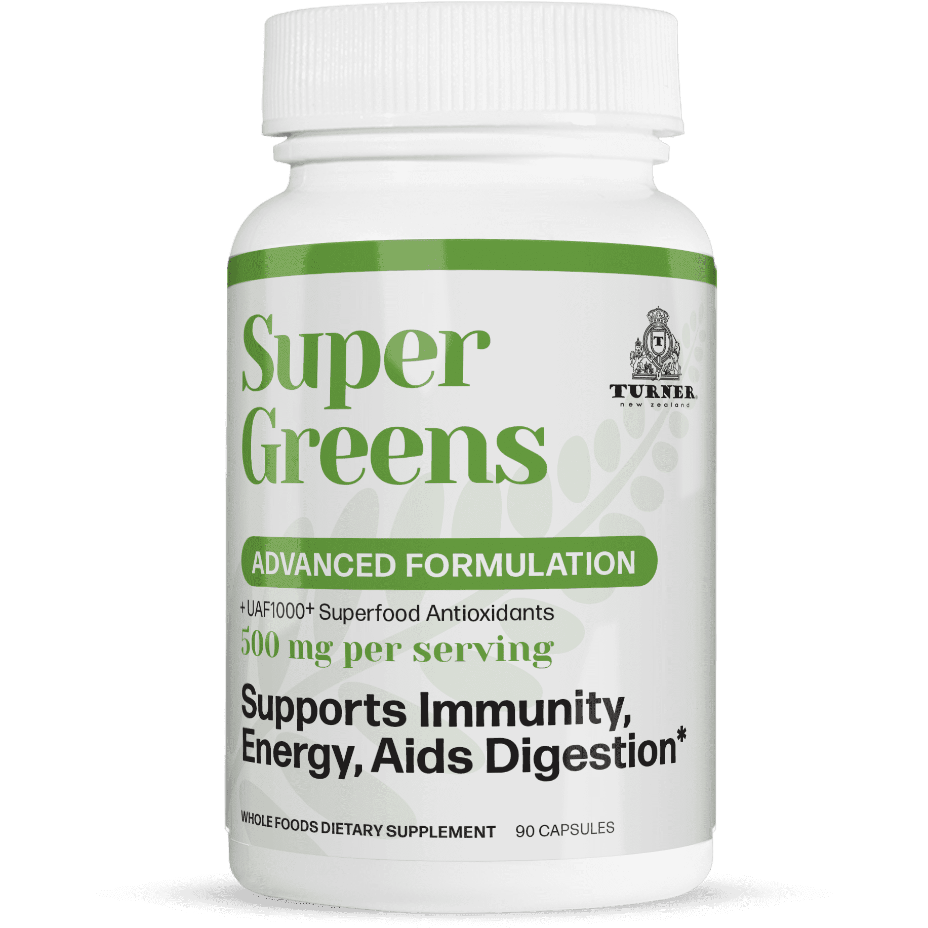 TURNER Super Greens Wheat Grass Powder Supplement New Zealand Raw Green Superfood, 1 Bottle, 90 Capsules