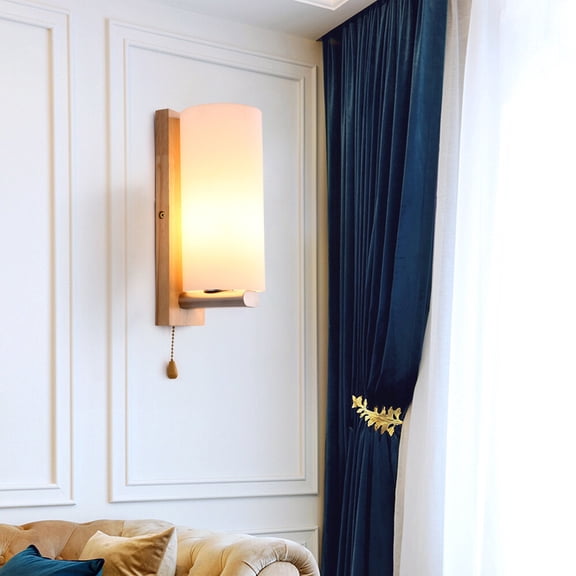 Wooden Wall Lamp, Glass Shade, White, Decorative Wall Light Sconce with Pull Switch for Bedroom 110/220V