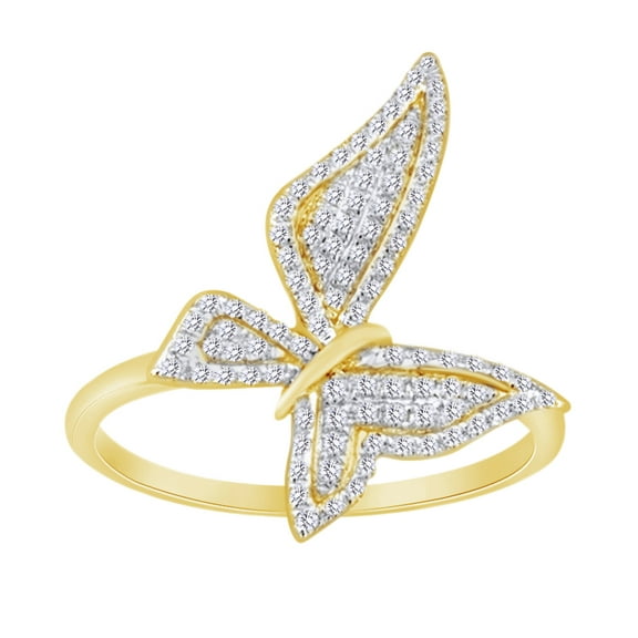 AFFY 14K Solid Yellow Gold Round Cut (0.2 Cttw) White Diamond Butterfly Engagement Ring,Ring Size-4