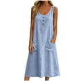 thumbnail image 3 of VBVC Women's Cotton Linen Sleeveless Midi Dress , Summer V-Neck Dresses For Women , Ladies' Button Detail Loose Dress with Pockets,Light Blue,S-2XL, 3 of 9