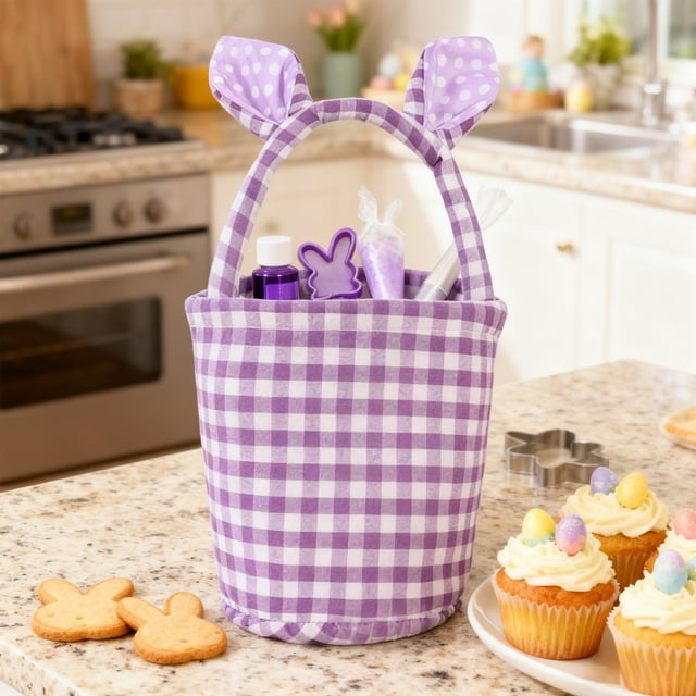 Wzzjkit Easter Mood Decoration Cute Plaid Basket with Rabbits Ears Easter Eggs Candy Gift Storage Handbag