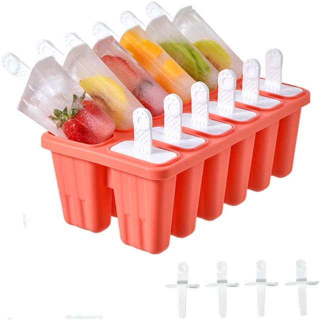 Moules à Sucettes Glacées 12 Pcs Bricolage Réutilisables Moules à Sucettes Glacées en Silicone Démoulage Facile Moule à Sucettes Glacées avec 16 Bâtonnets de Sucettes Glacées Réutilisables en Silicone, Rouge