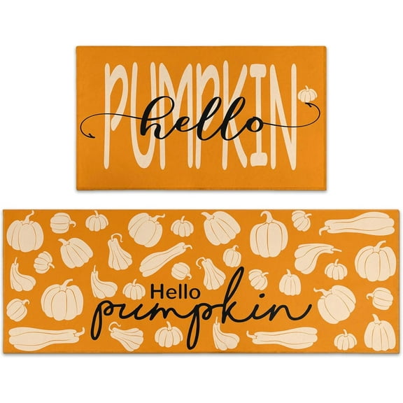 Fall Kitchen Rugs, Fall Decorations for Home Pumpkin Mats Set of 2- Non-Slip Autumn Floor Mat- Fall Decor for Home Harvest Thanksgiving Decor Holiday Runner Rug 17"x47.2" 17"x30"