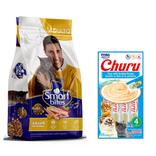 SMART BITES GATO 15 KG + Churu Atún con Vieira Sobre con 4 Tubos de 14 g