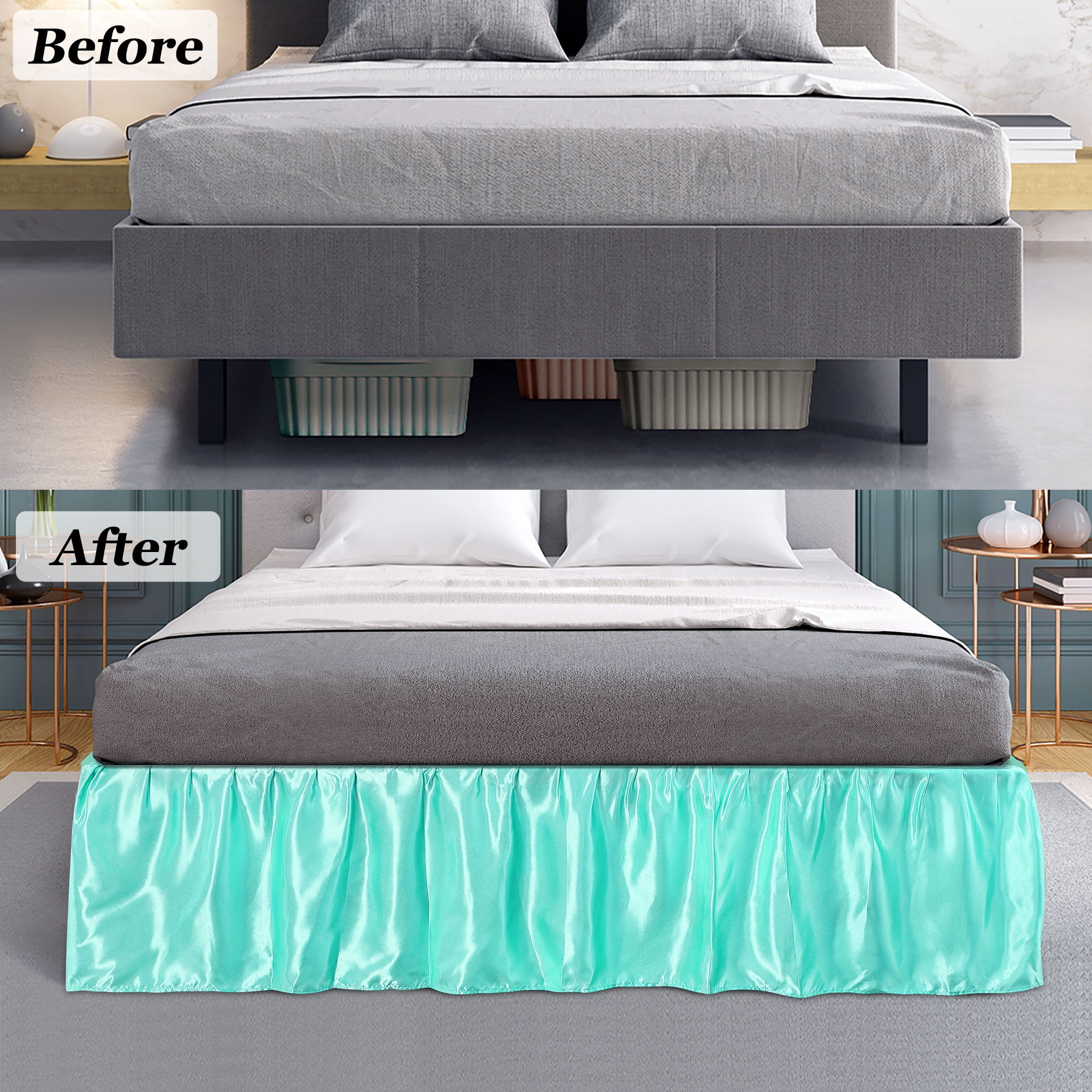 PiccoCasa Satin Silk Wrap Around Bed Skirt Dust Ruffle 18" Drop, King Cyan