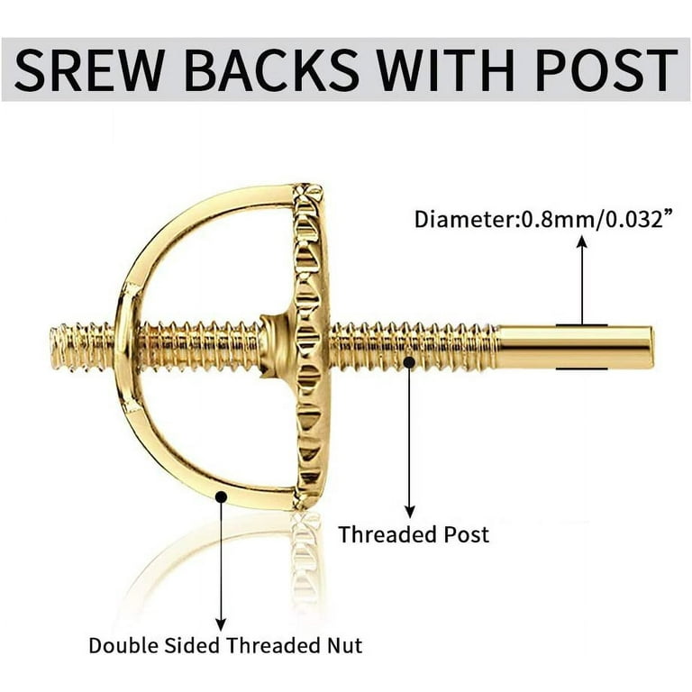 14K Gold Screw Backs Replacements - Fit for 0.028 Threaded Post Earring  Studs (4 Pairs) 