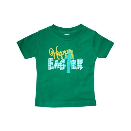 

Inktastic Happy Easter with Cross in Teal Plaid Gift Baby Boy or Baby Girl T-Shirt