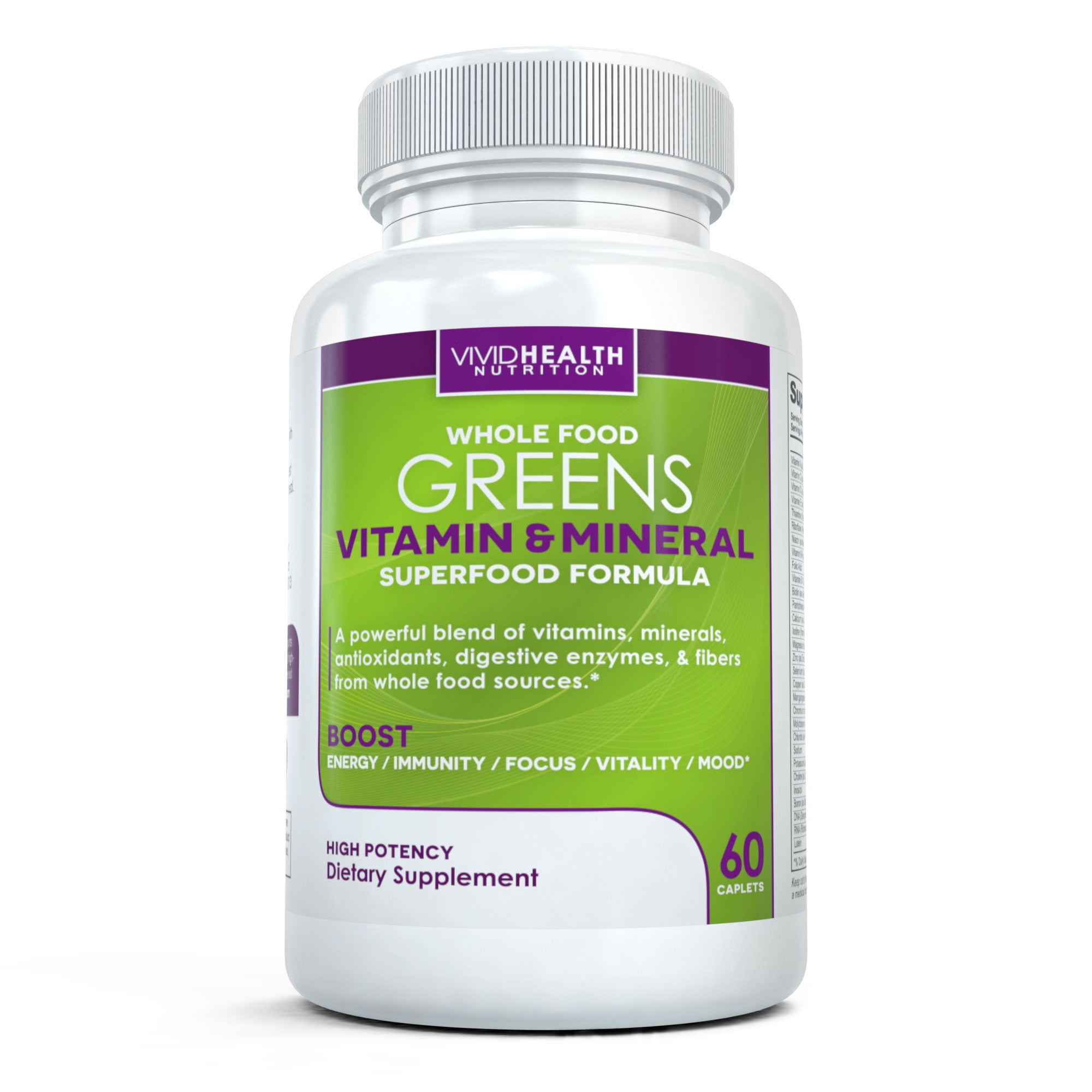 Whole Food Greens Multivitamin - All-Natural Whole Food Sourced Vitamin and Mineral Supplement - Supports Daily Health with Enzymes, Probiotics and Antioxidants (60 Tablets)