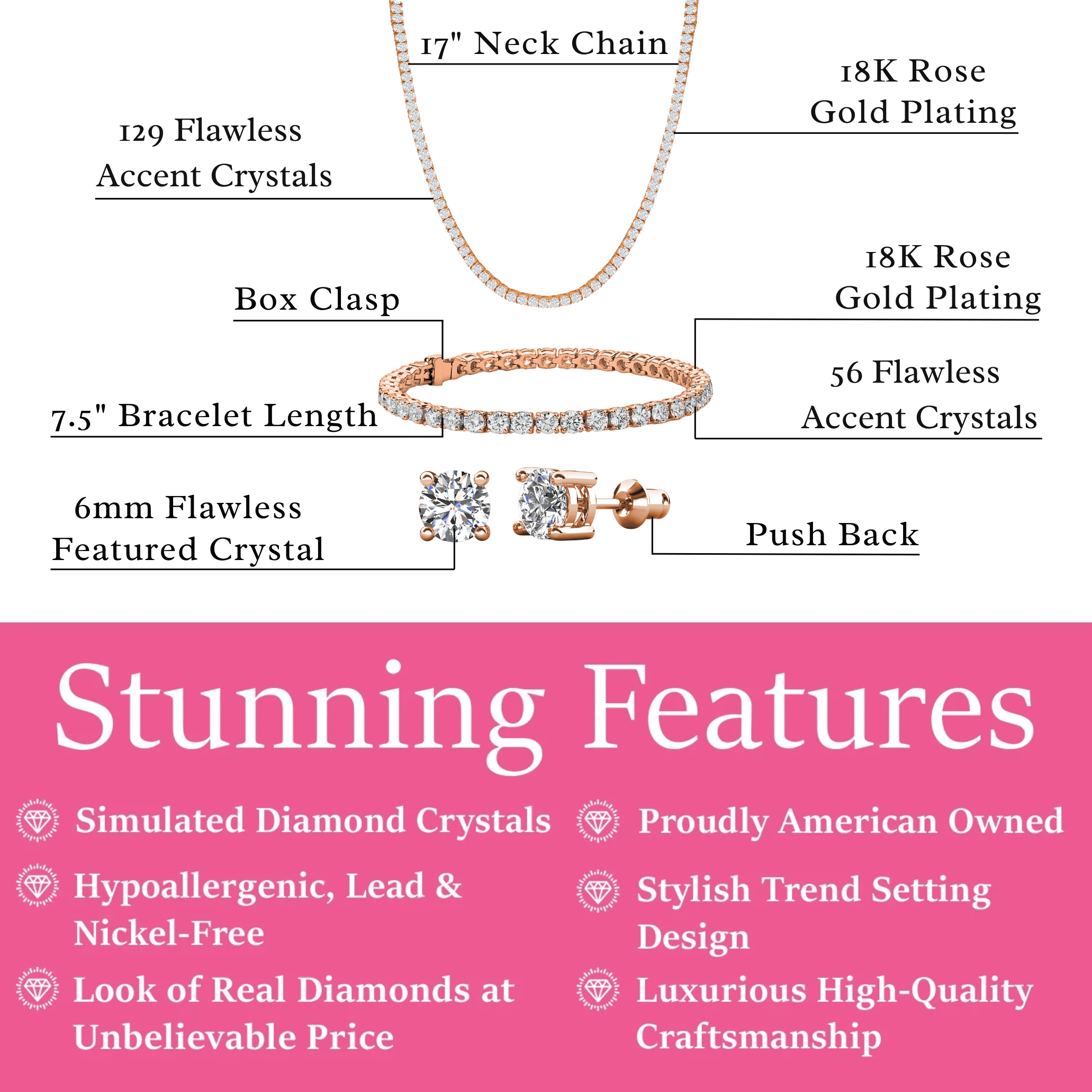 Cate & Chloe Pack of 3 - Kaylee 18k Rose Gold Plated Jewelry Set with Simulated Diamond Crystals