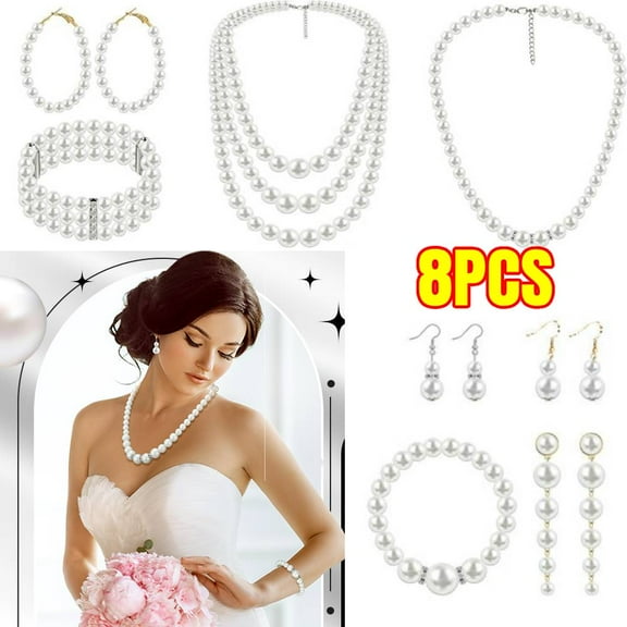 8 PACK Pearl Necklace and Earring Set for Women Faux Pearl Bracelet Costume Jewelry Set for  Wedding Bride Party Gift