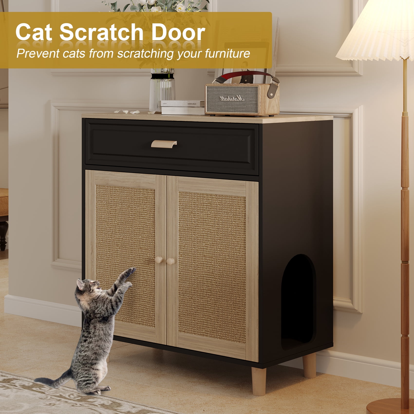 Faceket Wooden Ventilated Cat Litter Box Furniture with Scratching Board Doors and Drawer, Black