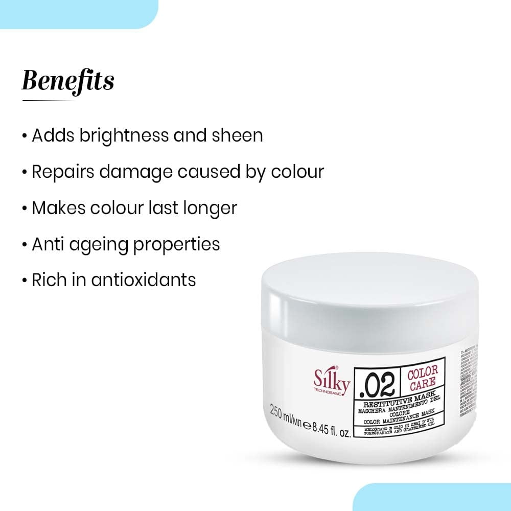 SILKY .02 COLOR CARE RESTITUTIVE MASK | Rich In deep moisturizing Ingredients and Pomegranate Extract for Natural and Shiny Hair (250 ML) 8.45oz