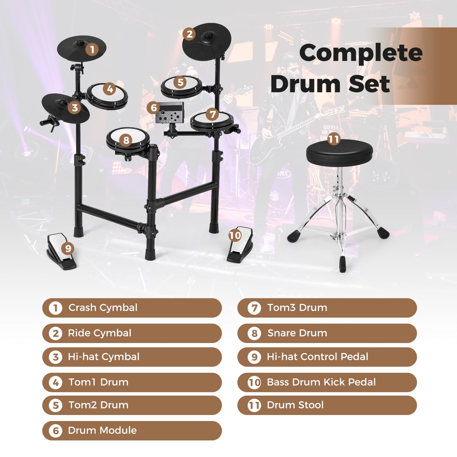 Gymax Electric Drum Set Foldable Drum Kit w/ 7'' Mesh Drum Pads 9.5'' Cymbals 10 Demos Black