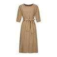 thumbnail image 4 of Elainilye Fashion Long Sleeve Womens Dresses Round Neck Loose Solid Mid-Calf Dress Long Dress Cotton and Linen Dress,Brown, 4 of 8