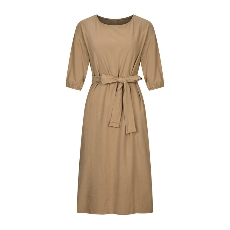 Hueook Hoco Dresses Women's Fashion Round Neck Loose Short Sleeve Solid Mid-Calf Dress Long Dress Khaki 2X, Size: 2XL, Brown