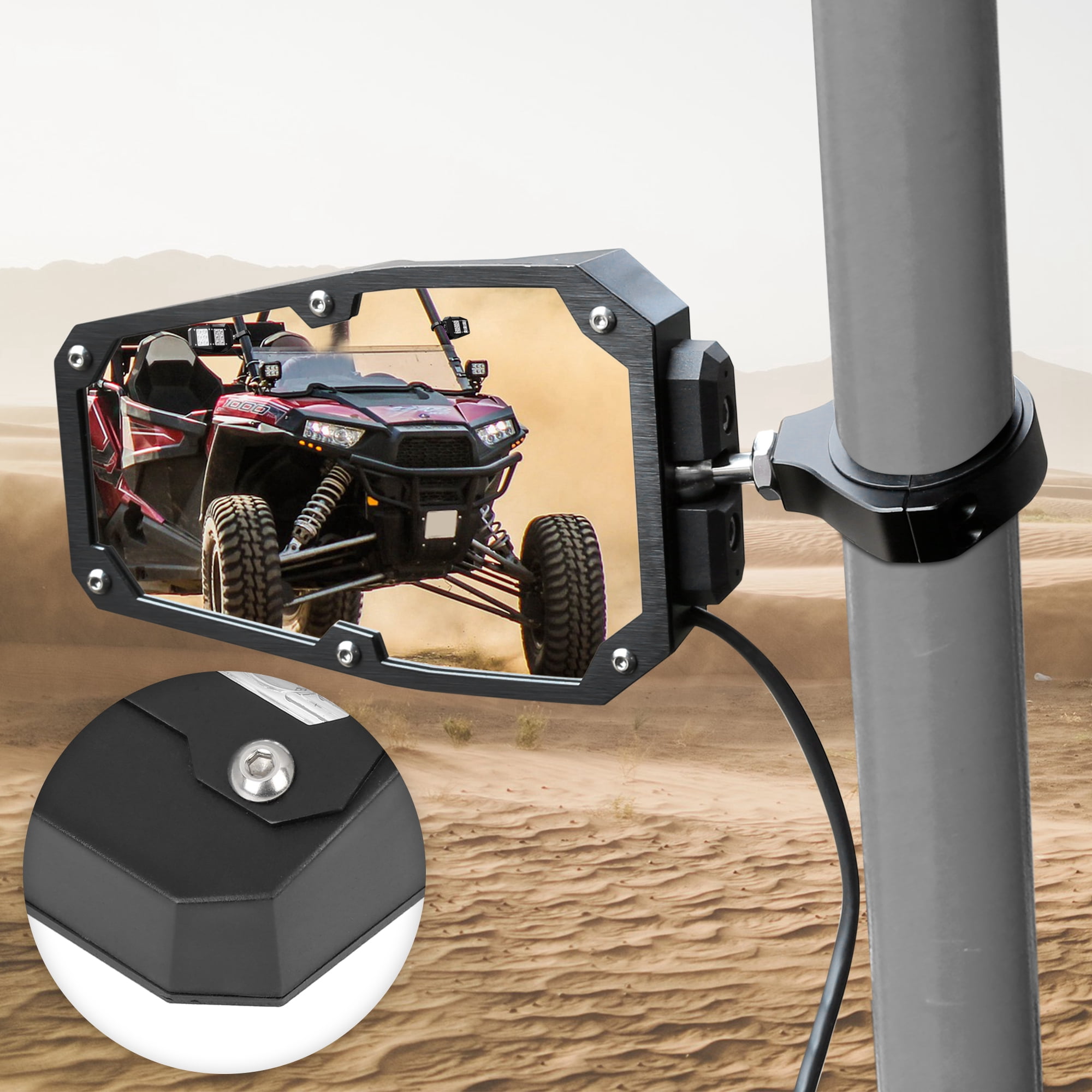 Unique Bargains 1.75" Round Roll Cage 6.3" UTV Rear View Mirror w Light Black for Yamaha