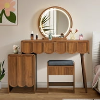 Wirrytor Makeup Vanity Set with Mirrors and Light, Vanity Set with Cushion Chair, for Adult, Stools for Vanity Table, with 2 Drawers and 1 Storage Cabinet, Wave Panel ,Walnut
