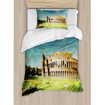 Vintage Decor Twin Size Duvet Cover Set, Sunset at Historical Colosseum in Rome Italian Landmark European Art Scenery, Decorative 2 Piece Bedding Set with 1 Pillow Sham, Green Blue, by Ambesonne