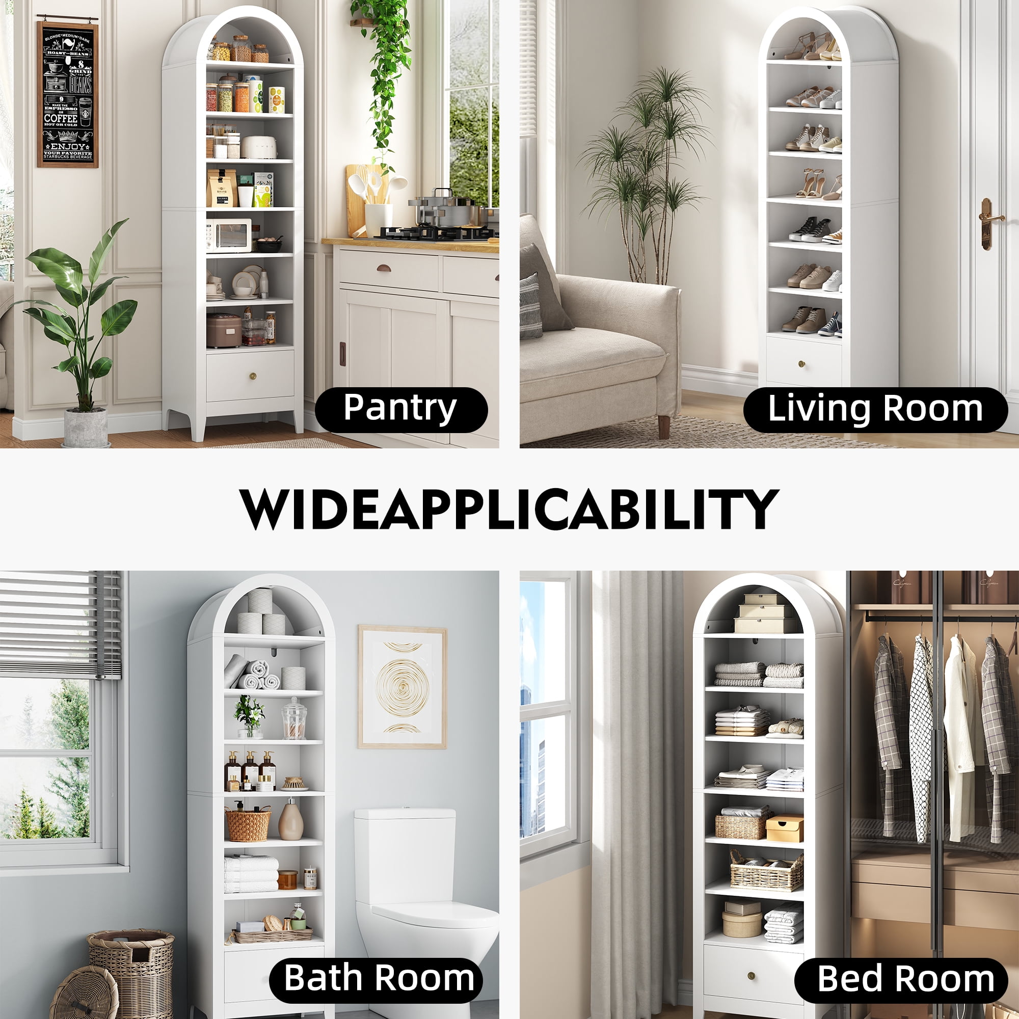 NEYGLIM 71" Tall Arched Storage Cabinet, 8-Tier Adjustable Shelves, Freestanding Pantry Cabinet for Kitchen Bathroom, White