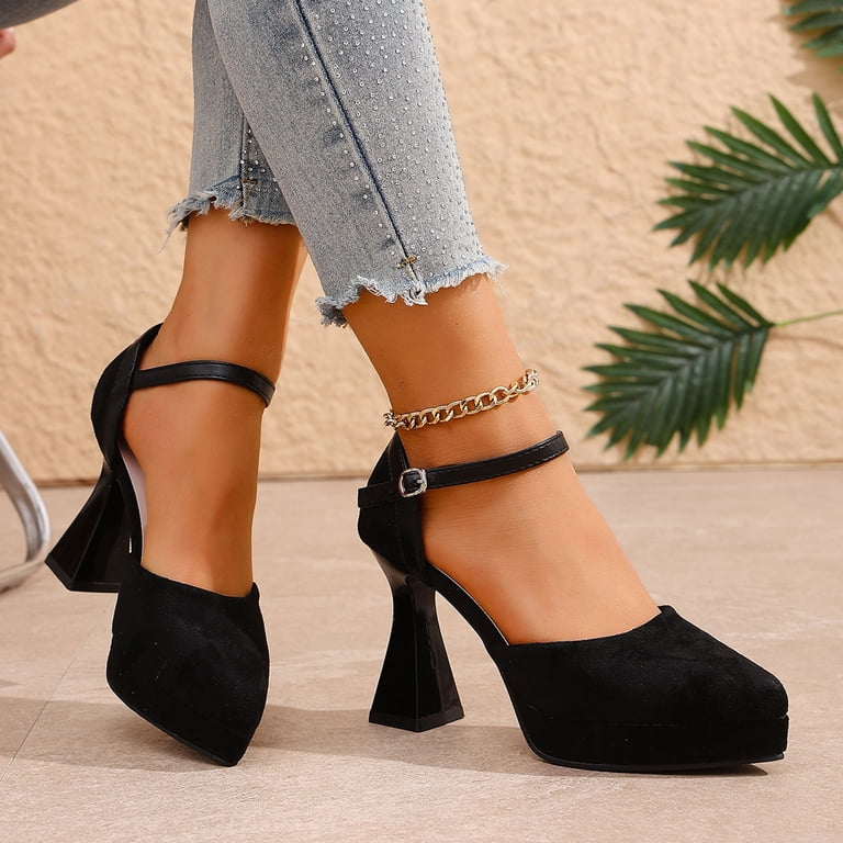 Rokment Womens Platform High Heels Dressy Shoes Ladies Fashion Casual Suede Pointed Toe Ankle Strap Chunky Heeled Business Office Formal Dress Pumps