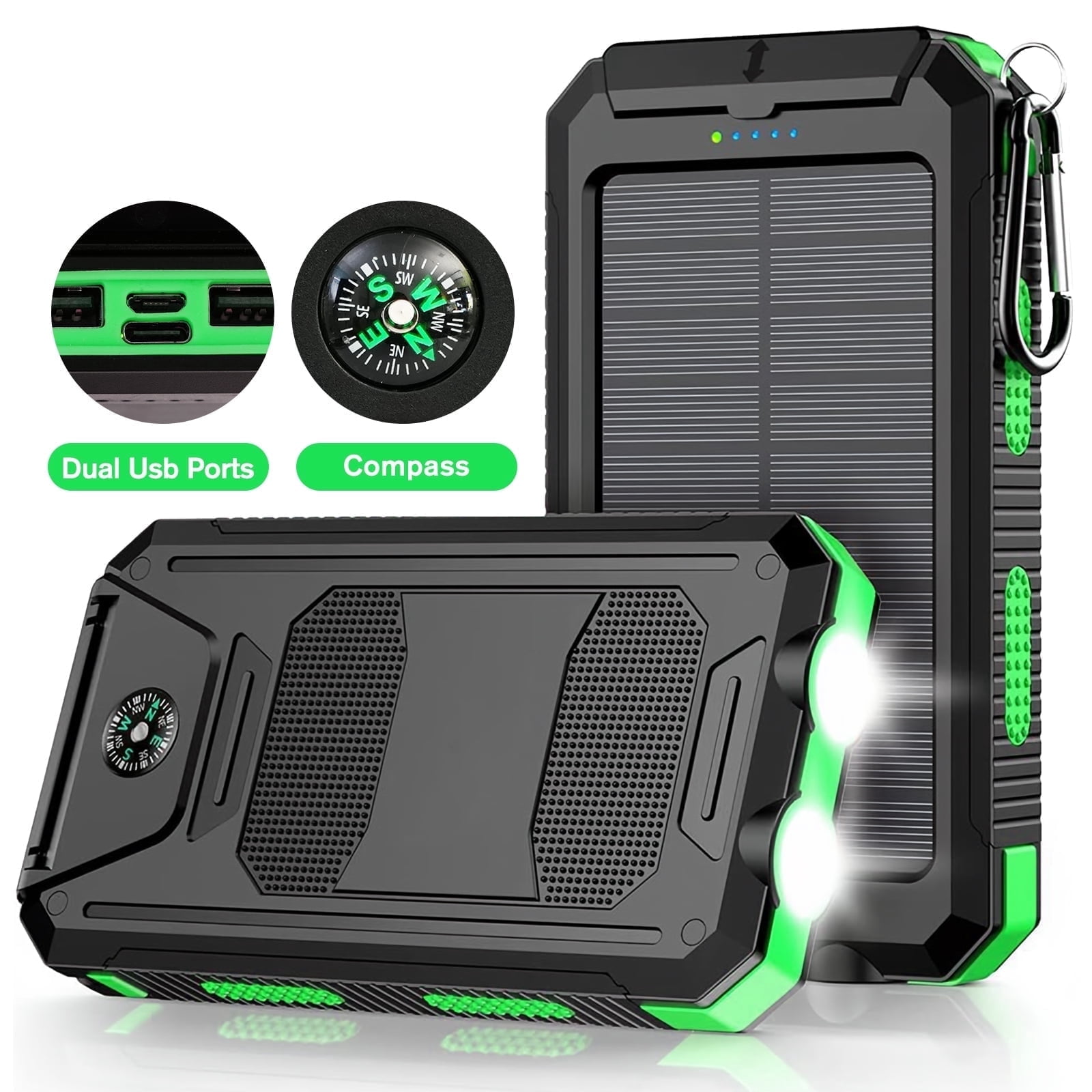BAOKALER 30000mAh Solar Charger for Cell Phone, Portable Solar Power Bank with Dual 5V USB Ports, 2 Led Light Flashlight, Compass Battery Pack for Outdoor Camping Hiking(Green)