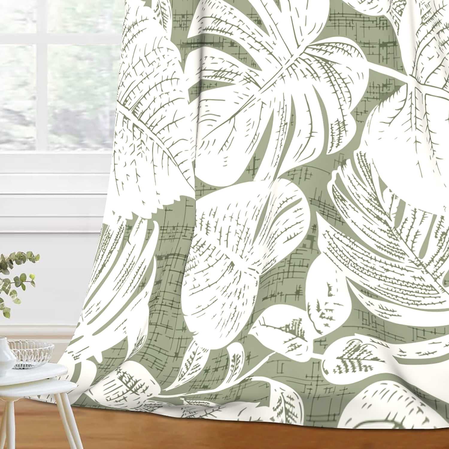 Green Curtains for Living Room,Palm Leaves White Blackout Curtains Drapes for Bedroom Panel Sets, 42x63 Inch