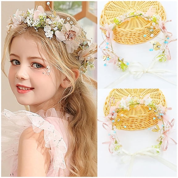 2pcs Adjustable Flower Girl Headbands with Ribbon Pearl Crystal Bow Butterfly Gold Vine Wedding Bridal Flower Crowns Tiaras Wreaths Headpieces for Brides Bridesmaids Women Girls Teens Kids