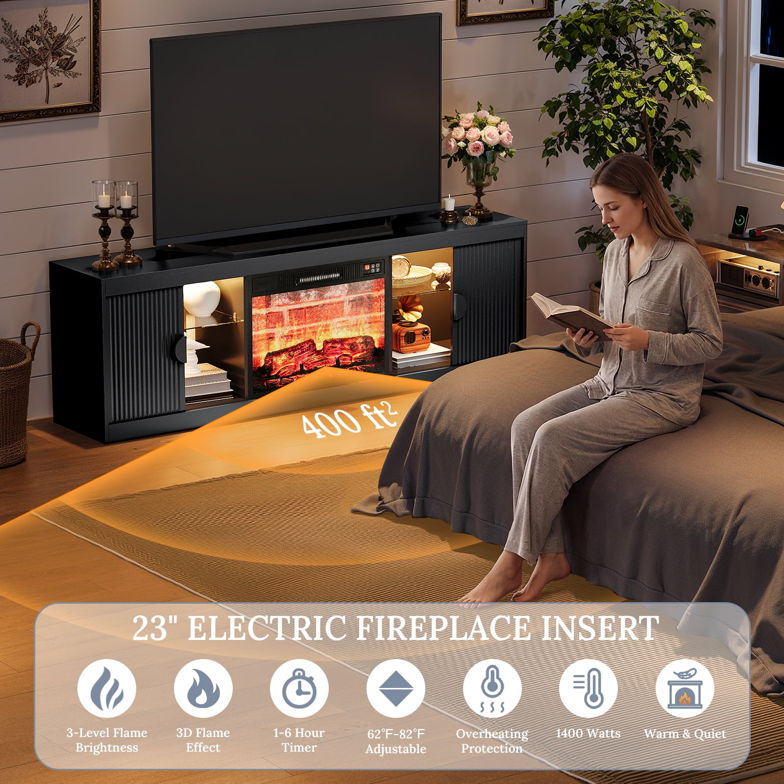 Holliwill 70" Fireplace TV Stand for TVs up to 80" with LED Lights, Fluted Modern Entertainment Center with 23" Red Brick Electric Heater TV Console with Sliding Door for Living Room, Black